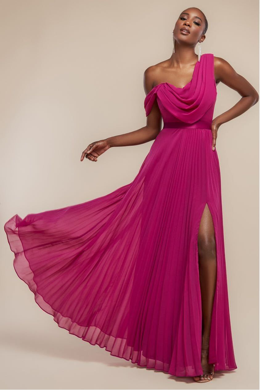 Goddiva Cowl Neck One Shoulder A Line Chiffon Maxi Dress - Magenta