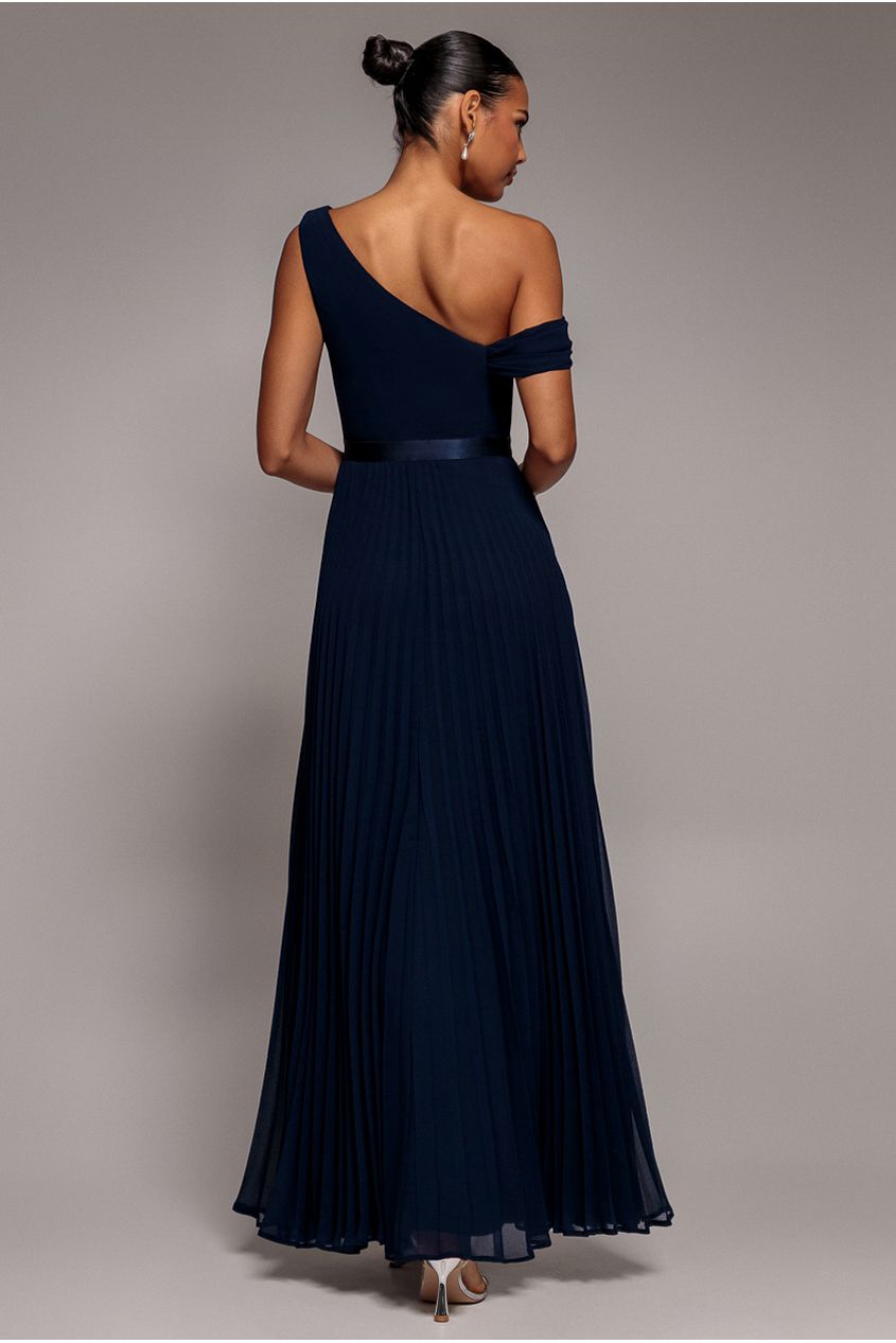 Goddiva Cowl Neck One Shoulder A Line Chiffon Maxi Dress - Navy Blue