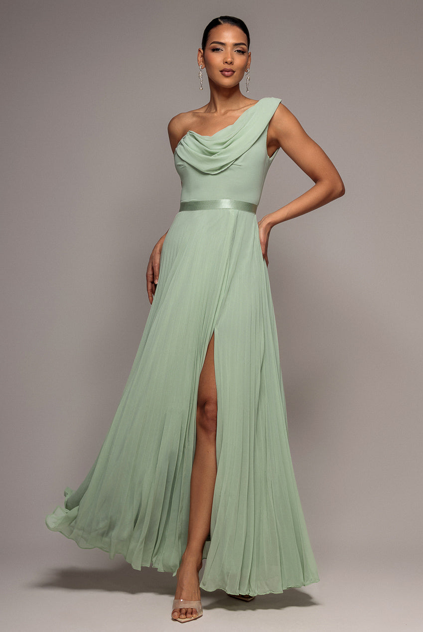 Goddiva Cowl Neck One Shoulder A Line Chiffon Maxi Dress - Sage Green