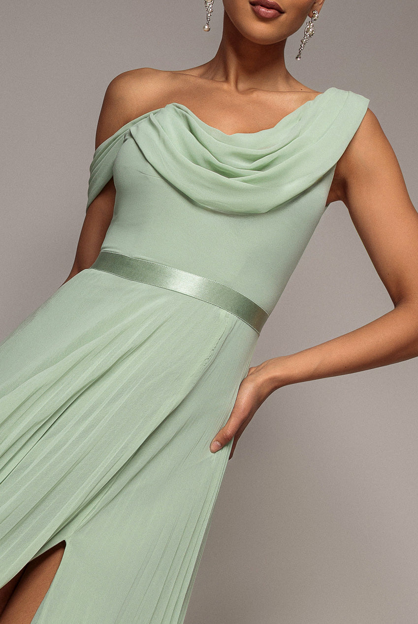 Goddiva Cowl Neck One Shoulder A Line Chiffon Maxi Dress - Sage Green