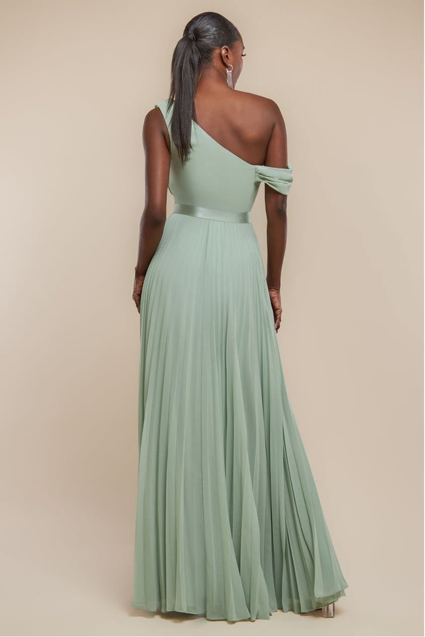 Goddiva Cowl Neck One Shoulder A Line Chiffon Maxi Dress - Sage Green