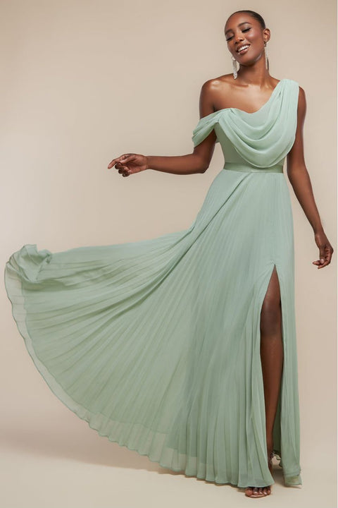 Goddiva Cowl Neck One Shoulder A Line Chiffon Maxi Dress - Sage Green