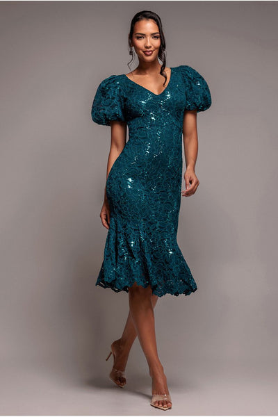 TealBlue - Goddiva Sequin Lace Puff Sleeve Fit & Flare Midi Dress - Teal Blue