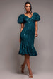 Goddiva Sequin Lace Puff Sleeve Fit & Flare Midi Dress - Teal Blue
