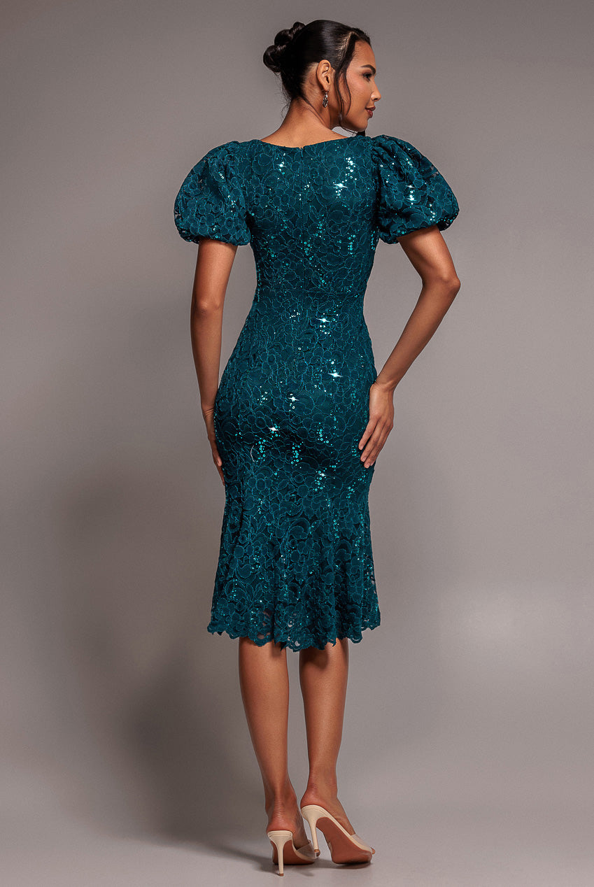 Goddiva Sequin Lace Puff Sleeve Fit & Flare Midi Dress - Teal Blue