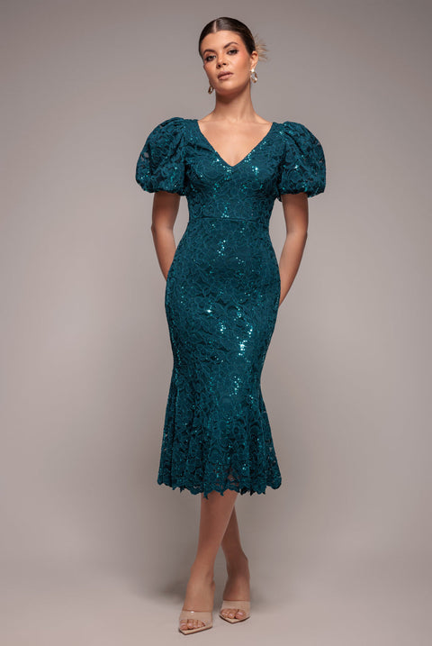 Goddiva Sequin Lace Puff Sleeve Fit & Flare Midi Dress - Teal Blue