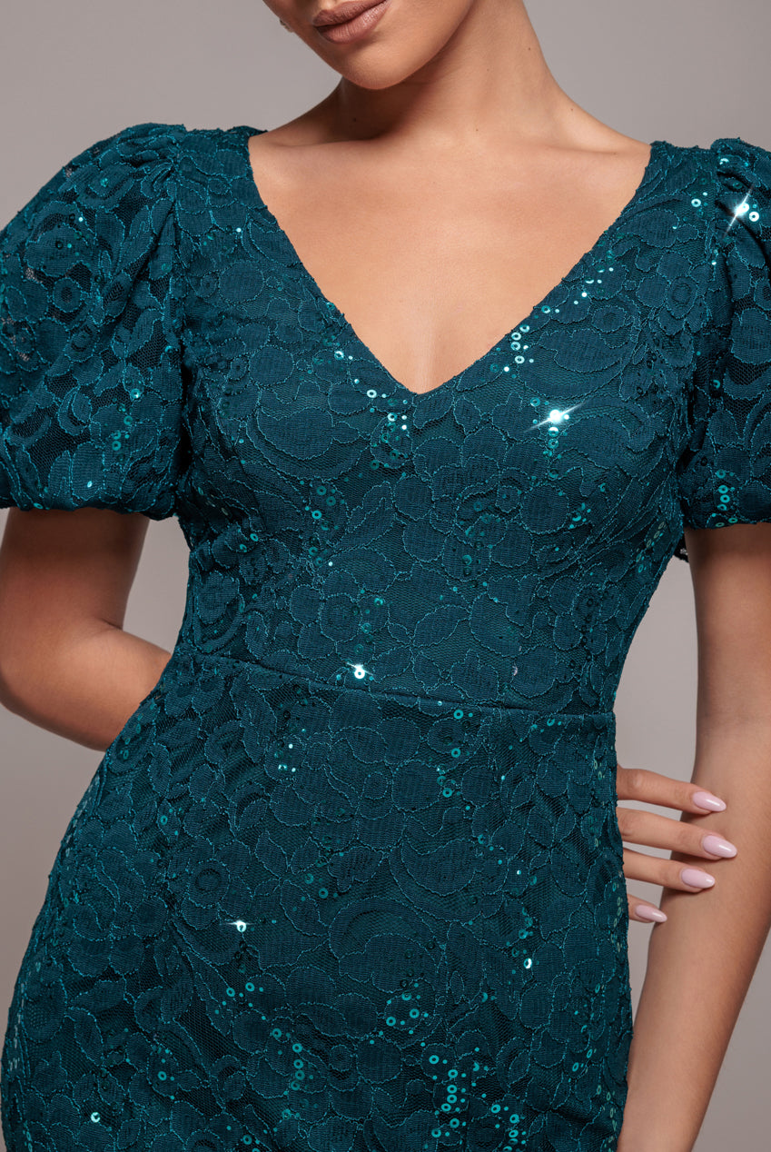 Goddiva Sequin Lace Puff Sleeve Fit & Flare Midi Dress - Teal Blue