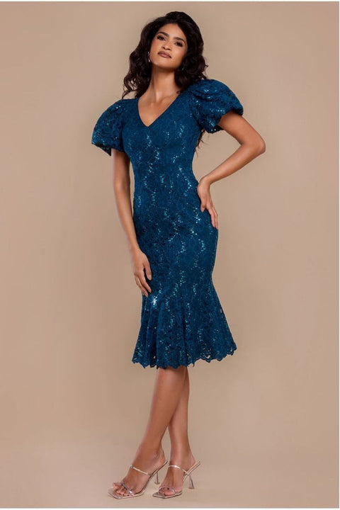 Goddiva Sequin Lace Puff Sleeve Fit & Flare Midi Dress - Teal Blue