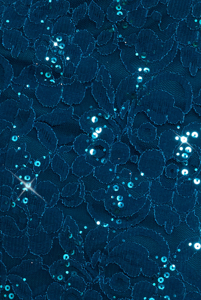 Goddiva Sequin Lace Puff Sleeve Fit & Flare Midi Dress - Teal Blue