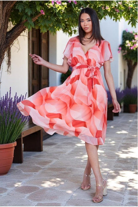 Goddiva Printed Flutter Sleeve Chiffon Midi Dress - Coral