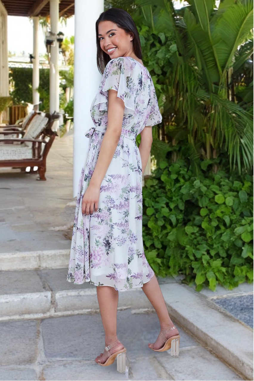 Goddiva Floral Printed Flutter Sleeve Chiffon Midi Dress - Cream