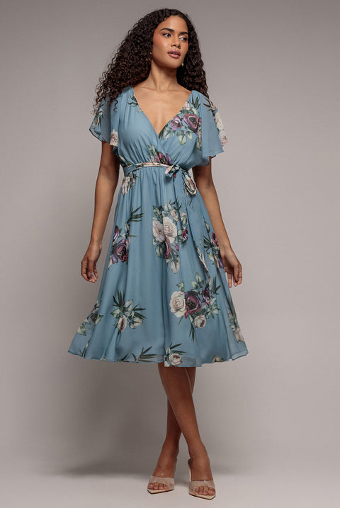 Goddiva Floral Printed Flutter Sleeve Chiffon Midi Dress - Airforce Blue