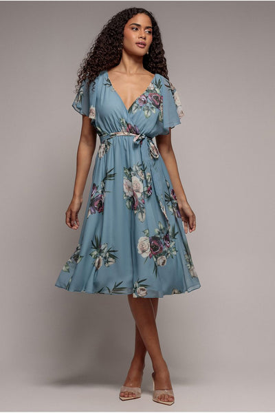 AirforceBlue - Goddiva Floral Printed Flutter Sleeve Chiffon Midi Dress - Airforce Blue