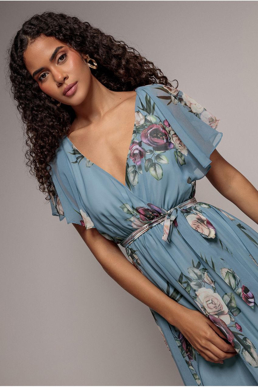 Goddiva Floral Printed Flutter Sleeve Chiffon Midi Dress - Airforce Blue