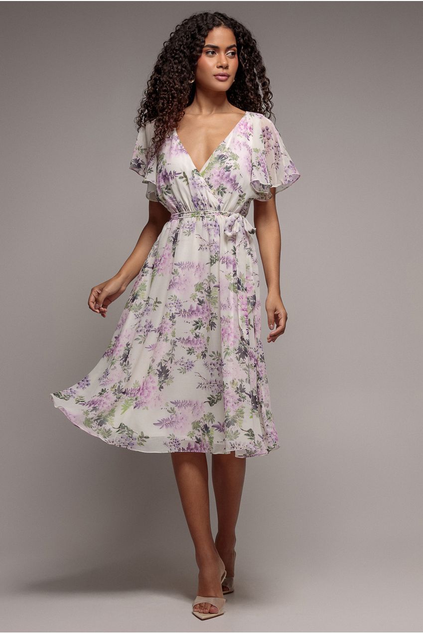Goddiva Floral Printed Flutter Sleeve Chiffon Midi Dress - Cream