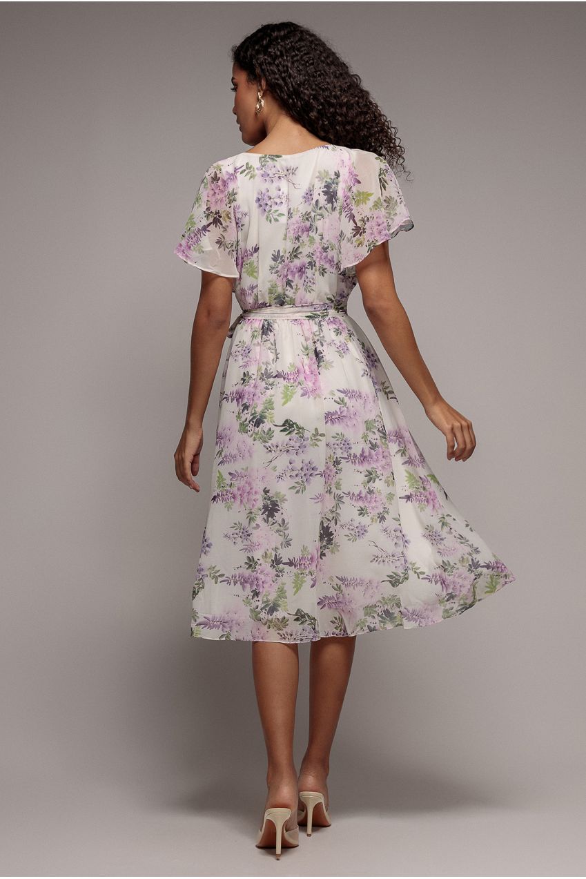 Goddiva Floral Printed Flutter Sleeve Chiffon Midi Dress - Cream