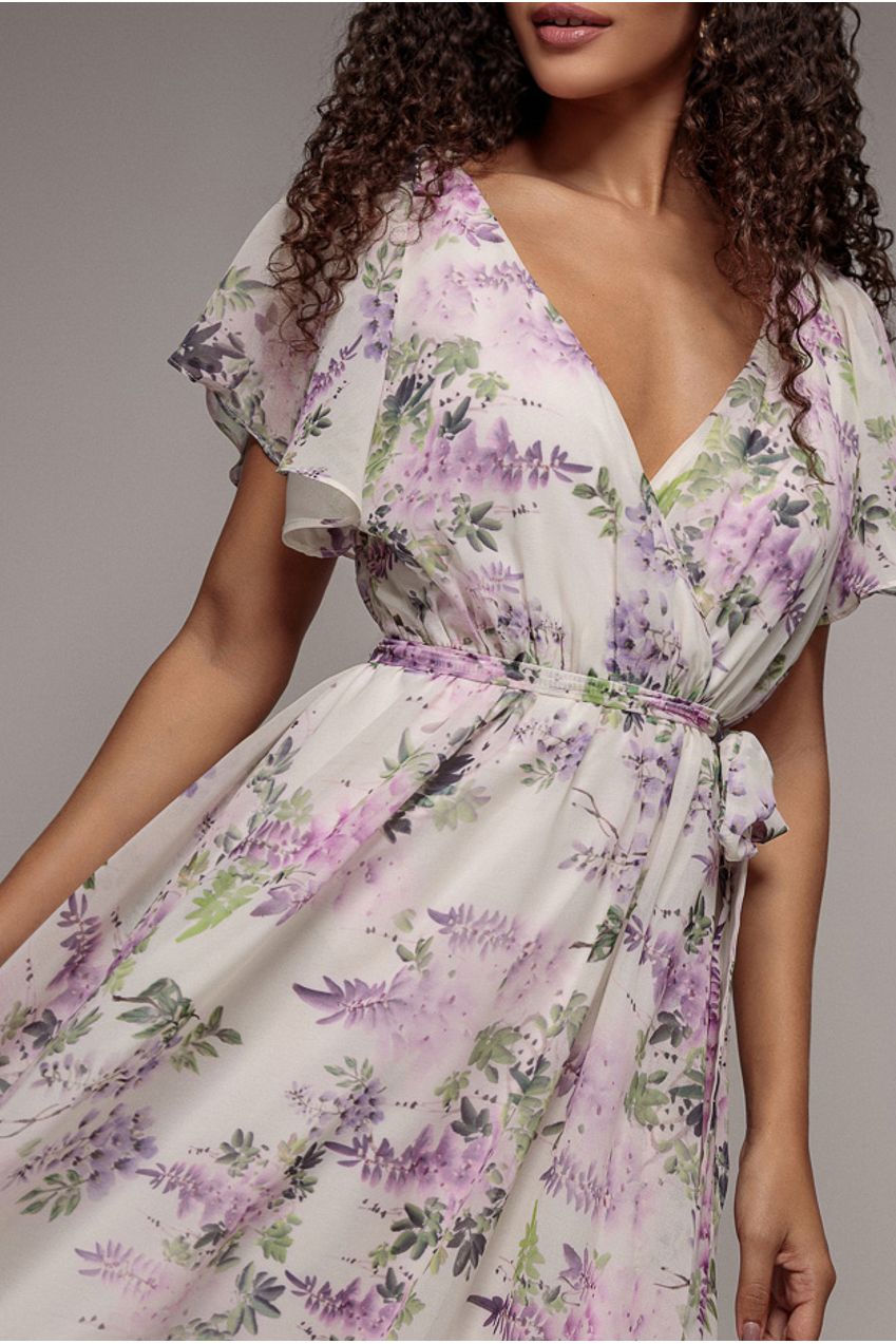Goddiva Floral Printed Flutter Sleeve Chiffon Midi Dress - Cream
