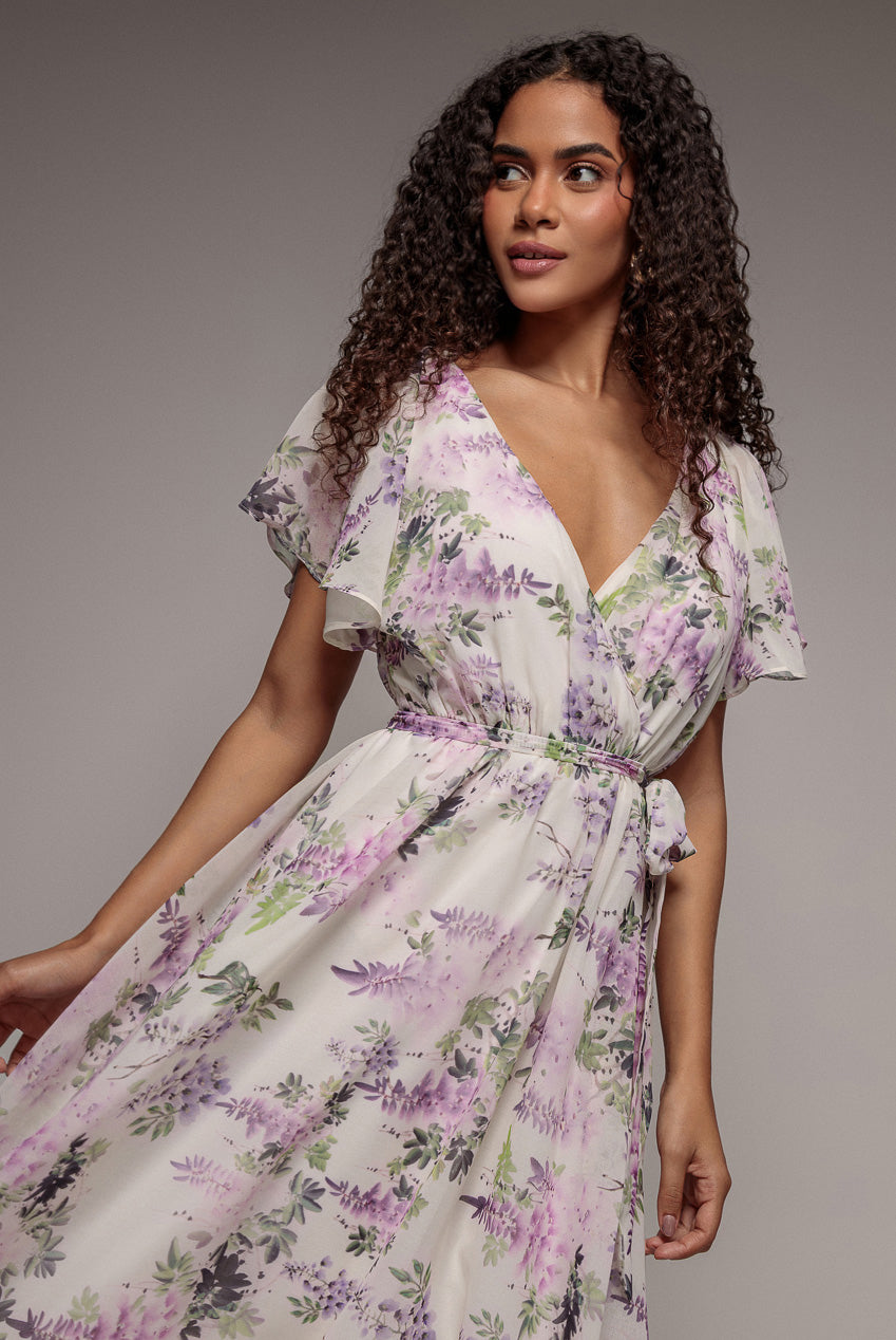 Goddiva Floral Printed Flutter Sleeve Chiffon Midi Dress - Cream