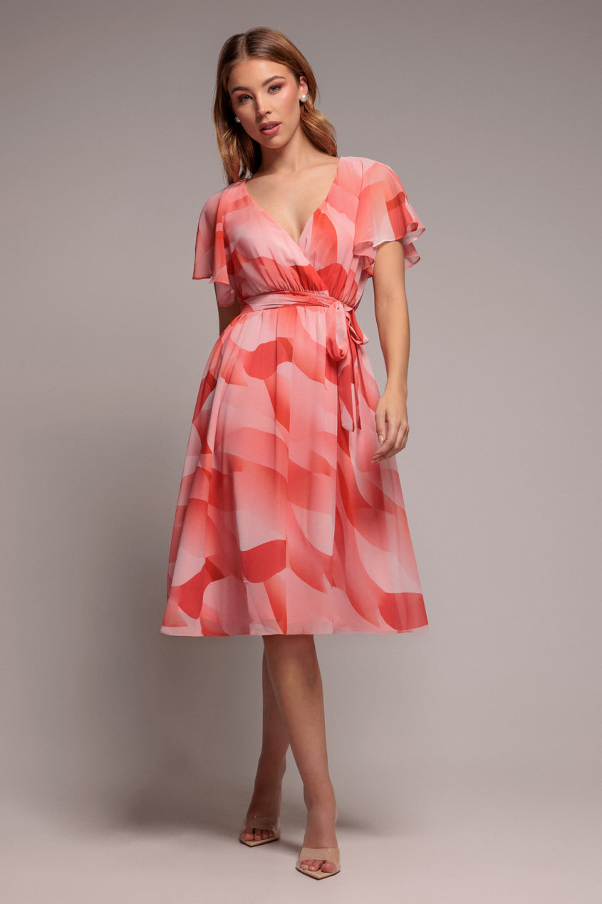 Goddiva Printed Flutter Sleeve Chiffon Midi Dress - Coral