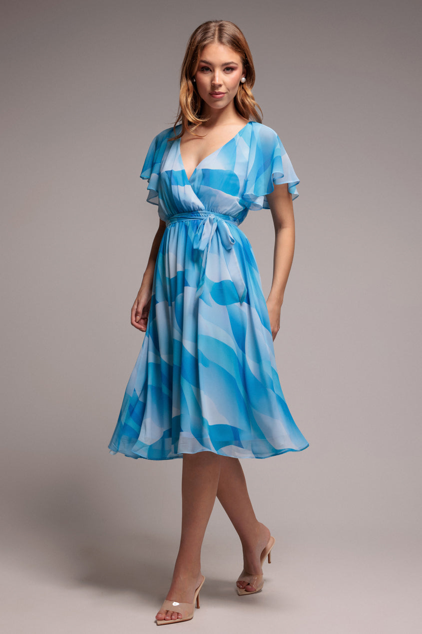 Goddiva Printed Flutter Sleeve Chiffon Midi Dress - Light Blue