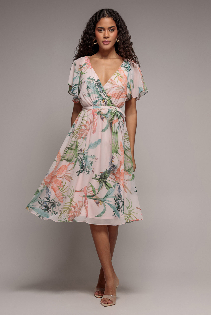 Goddiva Floral Printed Flutter Sleeve Chiffon Midi Dress - Off White