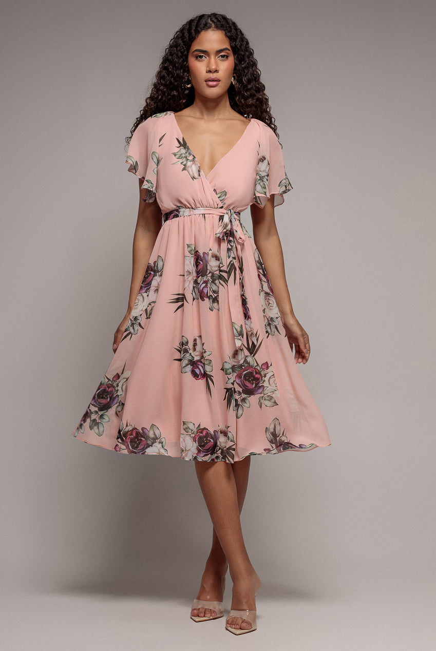 Goddiva Floral Printed Flutter Sleeve Chiffon Midi Dress - Peach