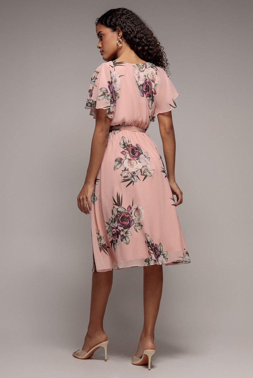 Goddiva Floral Printed Flutter Sleeve Chiffon Midi Dress - Peach