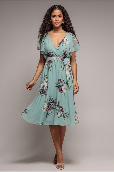 Goddiva Floral Printed Flutter Sleeve Chiffon Midi Dress