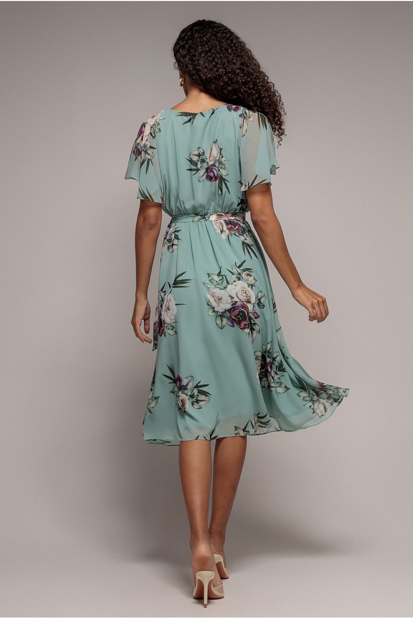 Goddiva Floral Printed Flutter Sleeve Chiffon Midi Dress - Sage Green