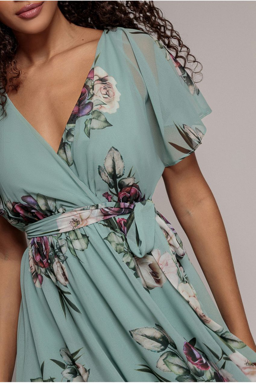 Goddiva Floral Printed Flutter Sleeve Chiffon Midi Dress - Sage Green