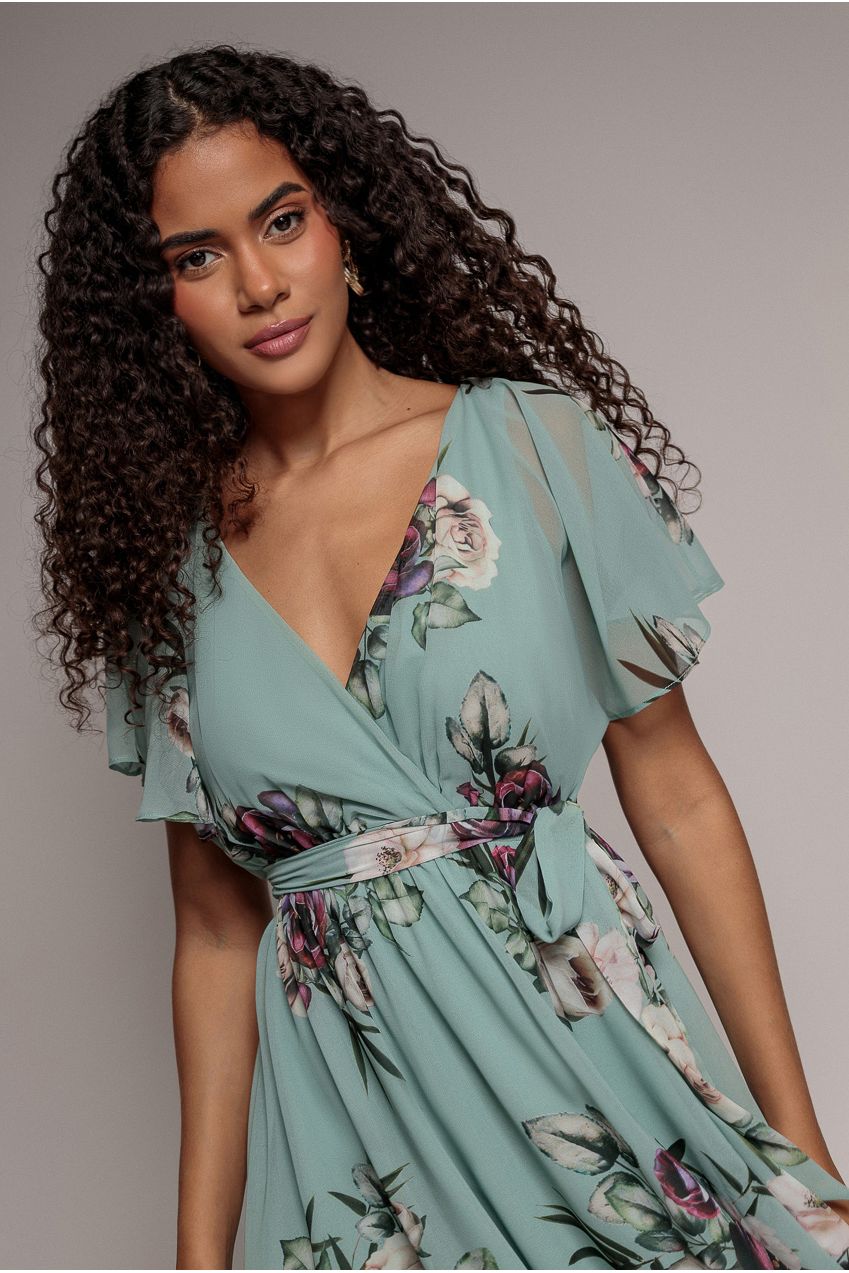 Goddiva Floral Printed Flutter Sleeve Chiffon Midi Dress - Sage Green