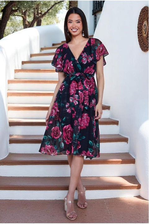 Goddiva Printed Lurex A-Line Flutter Sleeve Midi Dress - Black