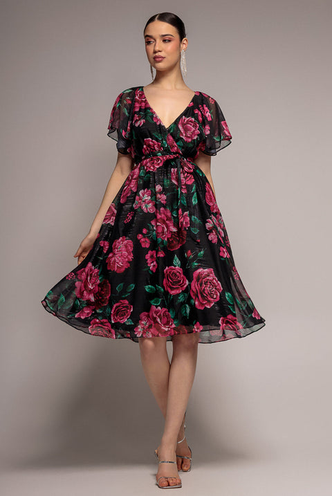 Goddiva Printed Lurex A-Line Flutter Sleeve Midi Dress - Black