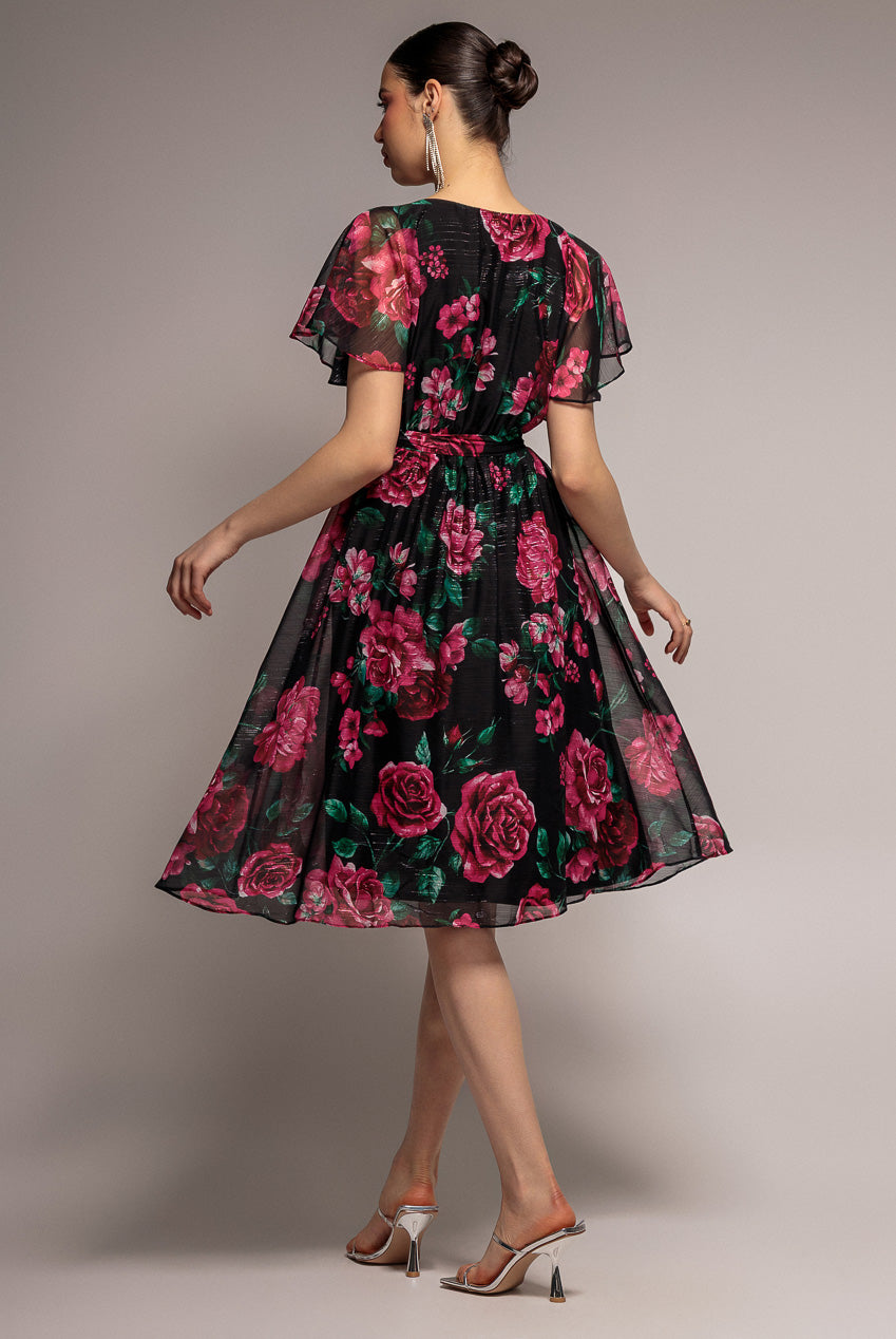 Goddiva Printed Lurex A-Line Flutter Sleeve Midi Dress - Black