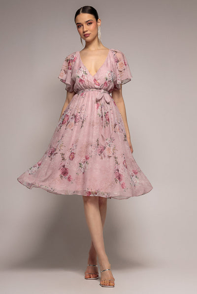 Goddiva Printed Lurex A-Line Flutter Sleeve Midi Dress - Blush Pink