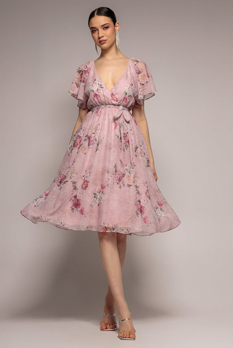 Goddiva Printed Lurex A-Line Flutter Sleeve Midi Dress - Blush Pink