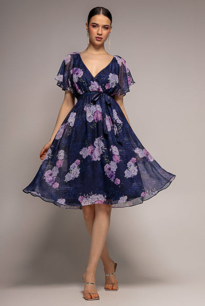 Navy - Goddiva Printed Lurex A-Line Flutter Sleeve Midi Dress - Navy