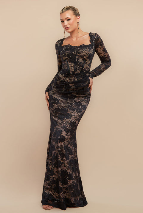 Goddiva Scalloped Lace Corset Bodice Maxi Dress - Black