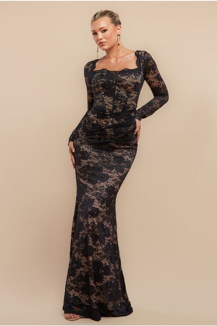 Goddiva Scalloped Lace Corset Bodice Maxi Dress - Black Black / 14 Goddiva Scalloped Lace Corset Bodice Maxi Dress - Black Black / 14