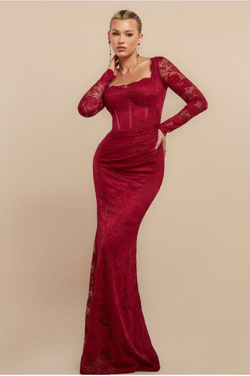 Goddiva Scalloped Lace Corset Bodice Maxi Dress - Wine