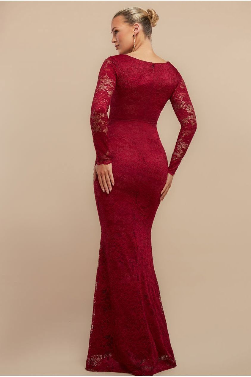 Goddiva Scalloped Lace Corset Bodice Maxi Dress - Wine