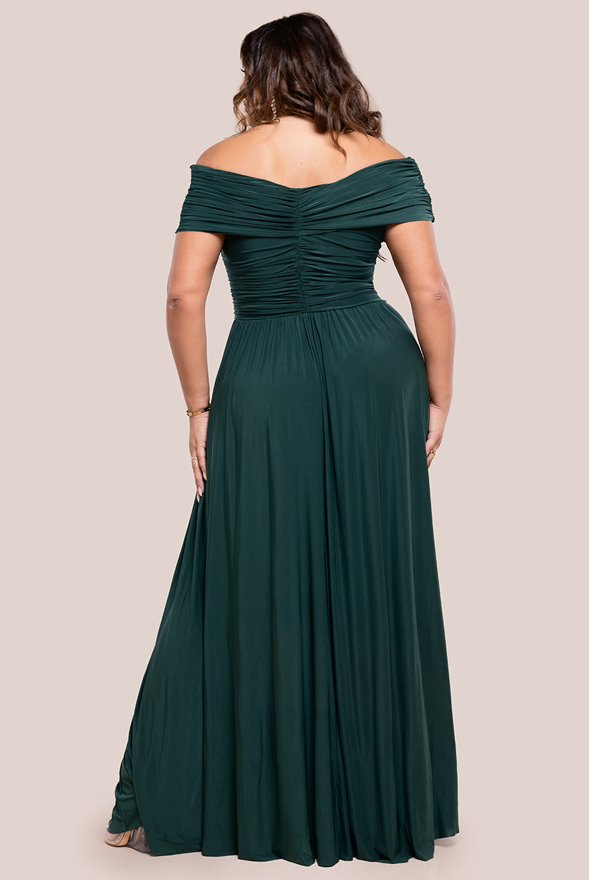 Goddiva Plus Gathered Bardot Bodice Front Split Maxi Dress - Emerald Green