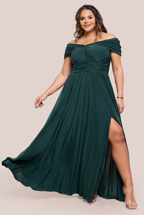 Goddiva Plus Gathered Bardot Bodice Front Split Maxi Dress - Botanical Green