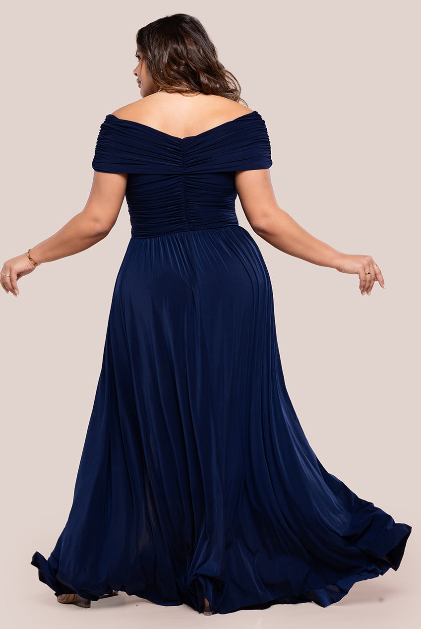 Goddiva Plus Gathered Bardot Bodice Front Split Maxi Dress - Navy Blue