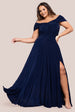 Goddiva Plus Gathered Bardot Bodice Front Split Maxi Dress - Navy Blue