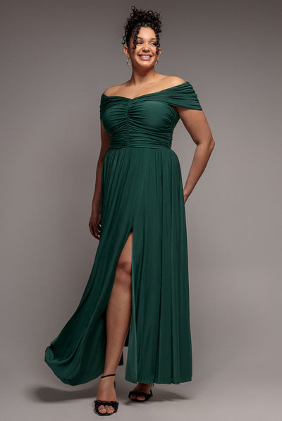 BotanicalGreen - Goddiva Plus Gathered Bardot Bodice Front Split Maxi Dress - Emerald Green
