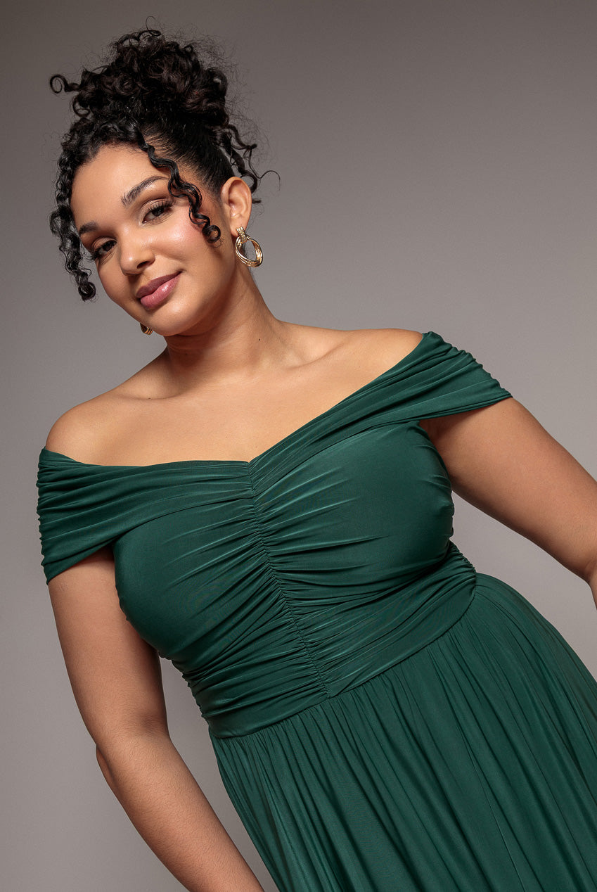 Goddiva Plus Gathered Bardot Bodice Front Split Maxi Dress - Emerald Green