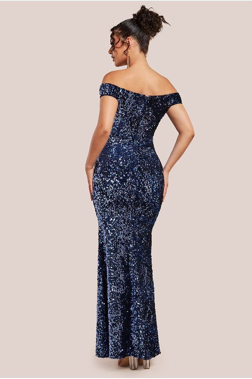 Goddiva Sequin Velvet Bardot Evening Maxi Dress - Midnight Blue