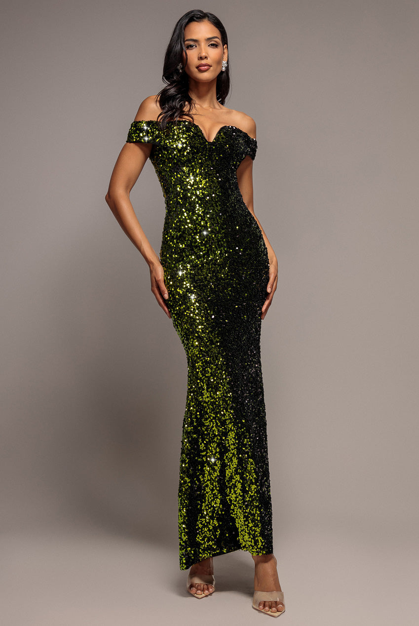 Goddiva Sequin Velvet Bardot Evening Maxi Dress - Olive Green