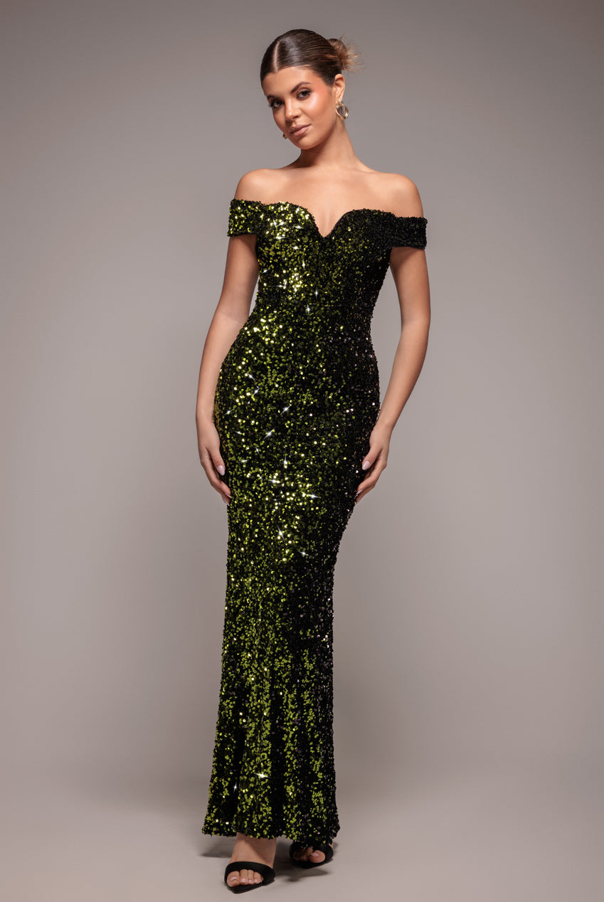Goddiva Sequin Velvet Bardot Evening Maxi Dress - Olive Green